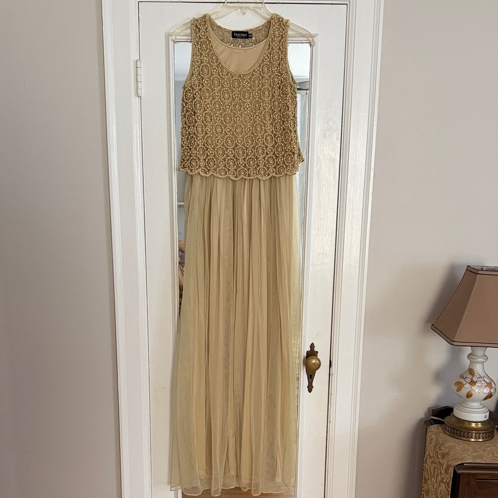 Sleeveless Gold Lace-Overlay Maxi Dress